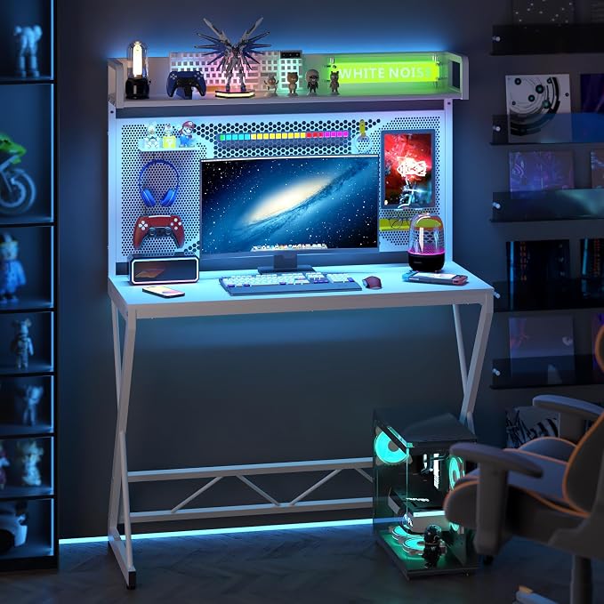 Elephance Small Gaming Desk with Pegboard, 39 Inch Computer Desk with Storage Shelves, Modern Office Desk for Study Work Home Office, Small Spaces, White - Image 5