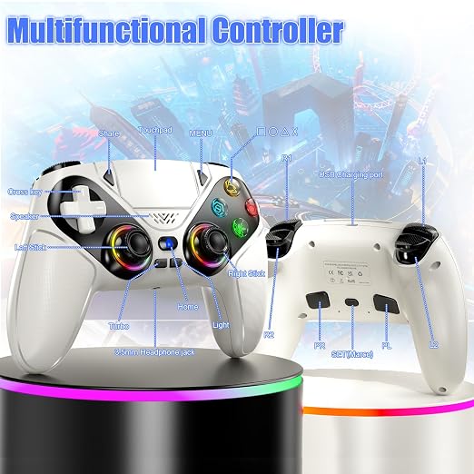 Dinosoo RGB Wireless Controller for PS5/PC/Mobile – Bluetooth Gamepad with Turbo, Macro, Dual Vibration, 6-Axis Gyro, 3.5mm Audio Jack, Built-in Speaker & 1000mAh Battery-White - Image 3