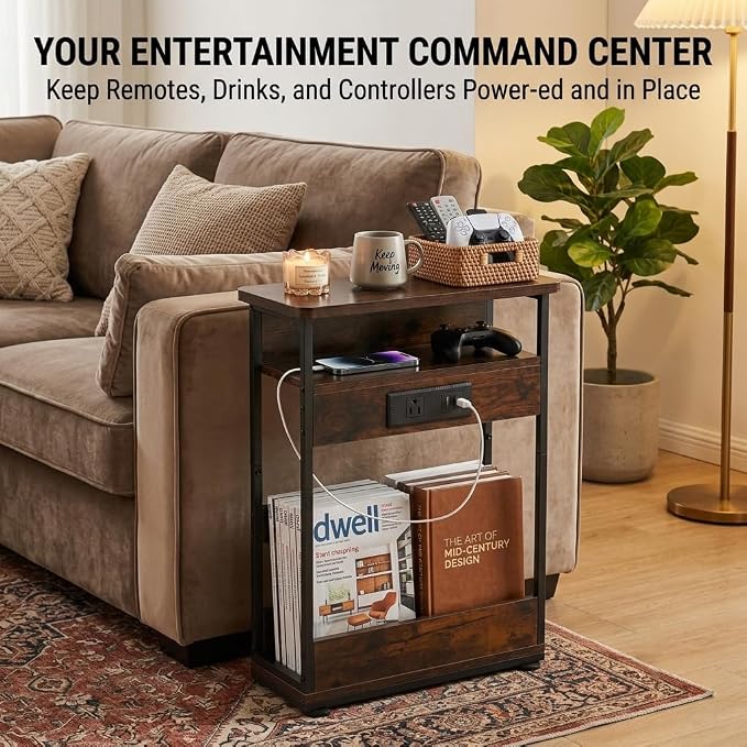 Narrow Side Table With Charging Station, 3-Tier End Table with 2 USB Ports & Power Outlets,Thin Sofa Side Table for Narrow and Small Spaces, Bedside Table Nightstand for Living Room,Rustic Brown - Image 8