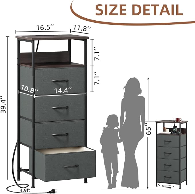 Somdot Tall Nightstand with 4 Drawers, Charging Station & LED Light - Image 3