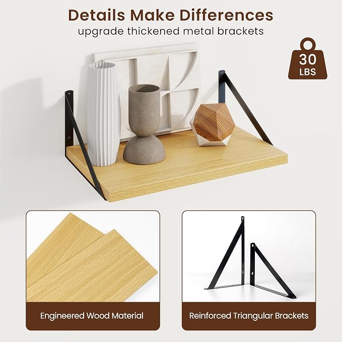 Axeman Deep Floating Shelves, 16'' x 10'' Oak Wall Shelves Set of 2 - Image 5