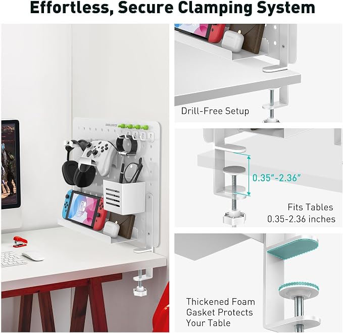 Clamp on Desk Pegboard 16.5"x12.6", White Heavy Duty Steel Desktop Organizer with 4 Magnet Pins, No-Drill Metal Peg Board Mount for Office & Gaming, Horizontal/Vertical - Image 4
