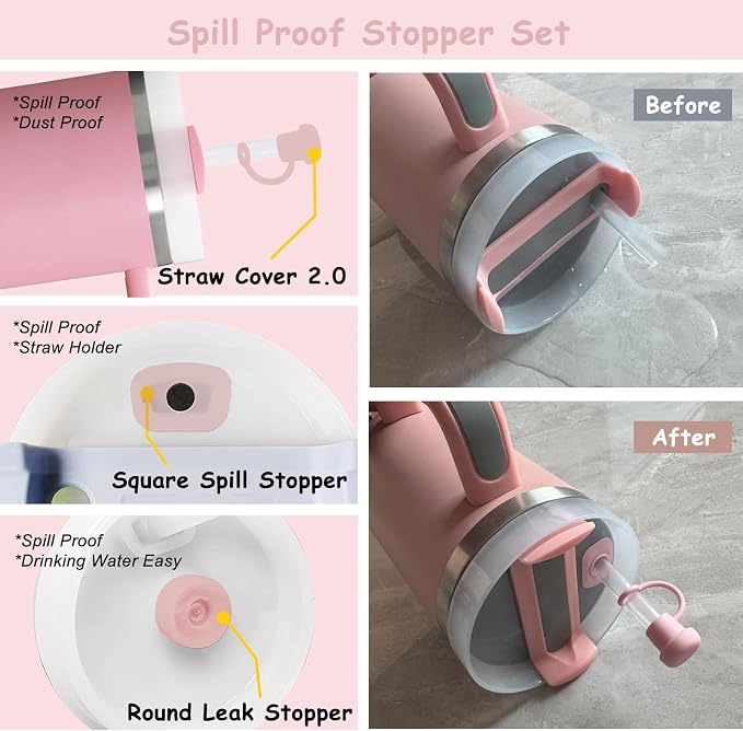 Stanley Cup Accessories Set,Including 2 Pcs 0.4in Straw Cover, 1 Silicone Spill-Proof Stopper Set of 3, 1 Cute Flowers Handle Charm, 1 Silicone Boot Fits Stanley 40&30 Oz Tumbler (Pink 2.0) - Image 5