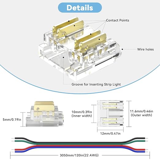PAUTIX COB LED Connectors for 10mm 4-Pin RGB COB LED Strip Lights,20pcs Strip to Wire Connectors,10ft Long 22AWG Extension Wires for Non-Wired Gapless Solderless,5V 12V 24V 2835 LED Strip Lights - Image 5