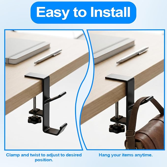 4 Pcs Under Headset Stand - Aluminum Alloy Headphone Holder for Desk | PC Gaming Headset Hanger Hook Suitable for Office,Computer, Class Desk, Handmade Creator Table, With 1 Cord Organizer, Black - Image 3