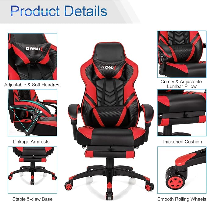 GYMAX Gaming Chair, Ergonomic Computer Chair with Footrest, Linkage Armrests & Lumbar Cushion, Big Wide High Back Video Gaming Chair, Reclining Office Rolling Chair for Adult/Teens (Red) - Image 4