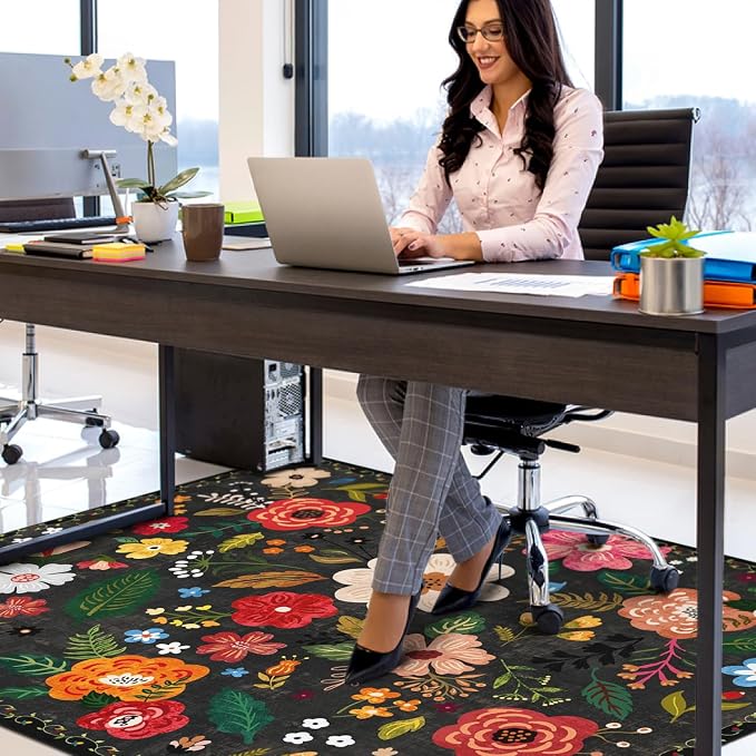 Office Chair Mat for Hardwood & Tile Floor,Boho Floral 36"x48" Office Computer Chair Mat for Rolling Chairs,Under Desk Non Slip Gaming Rug,Rubber Backing Large Low-Pile Carpet Protector Mat(Black) - Image 5