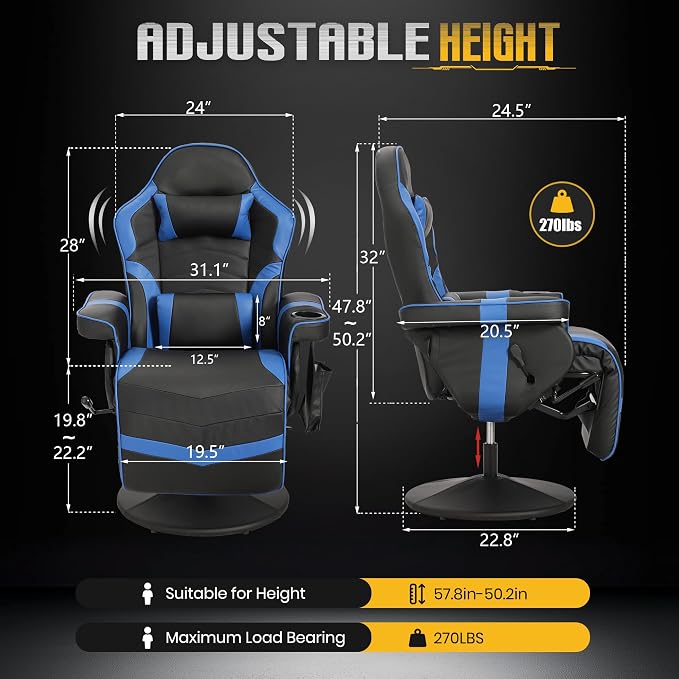 Massage Gaming Recliner Chair with Cup Holder & Side Pockets – Ergonomic PU Leather Video Gaming Chair with Footrest, Manual Recline, Headrest & Lumbar Support for Office or Game Room (Blue) - Image 2