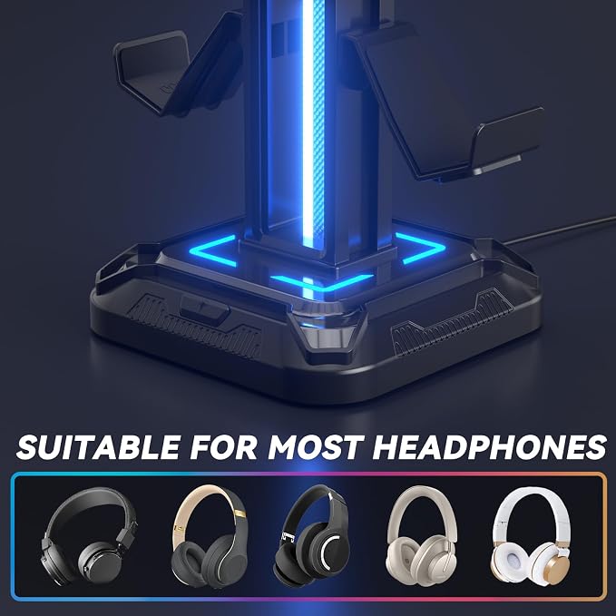 KDD RGB Headset Stand with 9 Light Modes - Controller Holder for Desk - Rotatable Headphone Stand & Detachable Controller Hook for PC Earphone Accessories(Black) - Image 5
