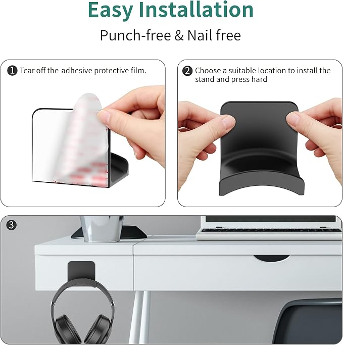 HomeMount Headphone Hook for Desk, Headset & Controller Holder, Black 1Pcs | Space-saving headphone hanger and wall mount alternative, durable ABS with non-slip pad, supports up to 1 kg - Image 4