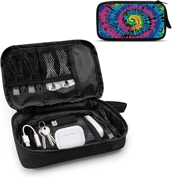 Tie Dye Print Portable Travel Cable Organizer Bag, Tech Storage Bag for Cord, Charger, Phone, Earphone, Hard Drive, USB, SD Card and Electronic Accessories - Image 2