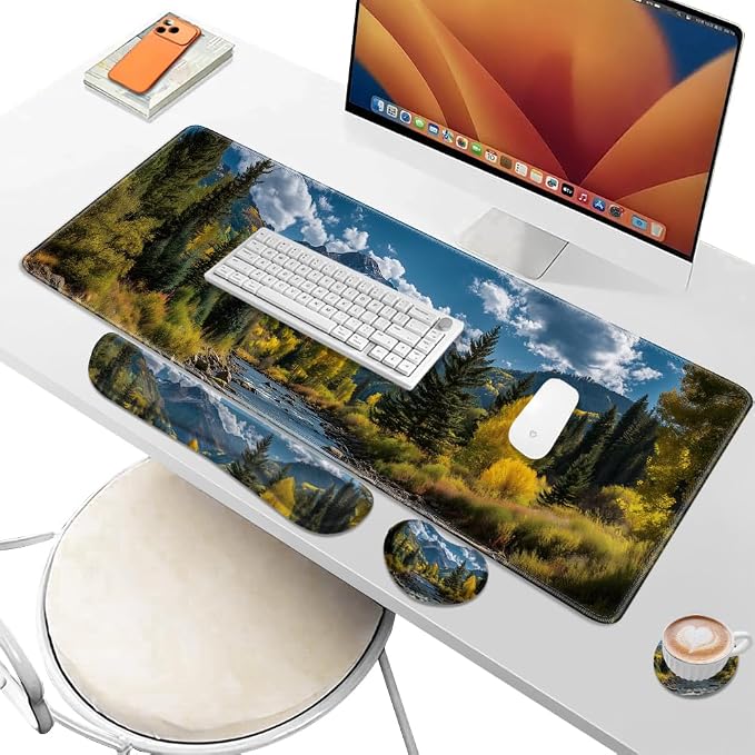 Desk Pad and Keyboard Wrist Rest, Large Mouse Pad + Keyboard Pad+Mouse Wrist Support, Non-Slip Desk Mat Protector for Office, Home 31.5×11.8 Inches Fall Forest - Image 6