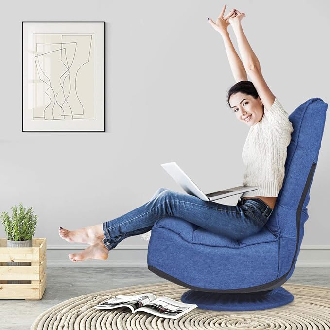 GIANTEX 360 Degree Swivel Gaming Chair, 6 Position Adjustable (Blue) | Folding Floor Chair, 300lb Spring Support, Comfortable Padded Backrest, Lazy Sofa Chair Game Rocker for Teens Adults - Image 9