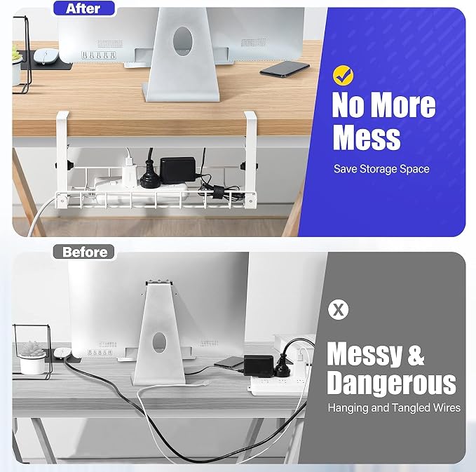 Under Desk Cable Management Tray 2 Pack, Xpatee Upgraded Wire Management No Drill No Screws, Cable Tray with Clamp for Wire Organizers, Computer Cord Rack for Office, Home - No Damage to Desk White - Image 3