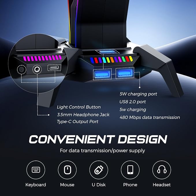 MARVO RGB Headphone Stand Data Transmission, 9 Lights Mode Headset Holder with 1 USB-C & 3 USB Ports & 1 3.5mm Jack Port, Ultimate Gaming Accessories for Gamers for PS, Xbox, PC - Image 3