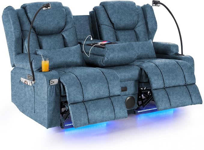 Redlife Power Loveseat Recliner Sofa with Console, Blue LED Lights by Redlife