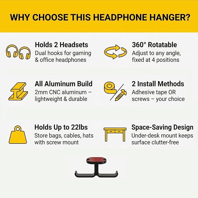 Under Desk Headphone Hanger, 360° Rotatable Dual Headset Holder with Strong Adhesive & Screws, All-Aluminum Metal Headphone Hook for Gaming Home Office – Black - Image 7