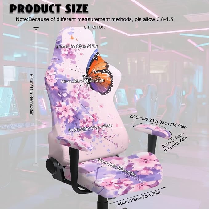 Butterfly Gaming Chair Covers Pink Ink Washing Floral Computer Game Chair Covers Stretchable Cherry Blossom Split Armchair Slipcover with Armrest for Home, Office, Workstation - Image 6