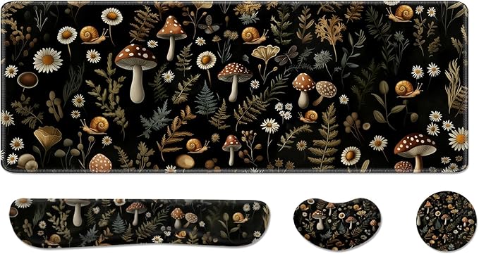 Desk Pad and Keyboard Wrist Rest, Large Mouse Pad + Keyboard Pad+Mouse Wrist Support, Non-Slip Desk Mat Protector for Office, Home 31.5×11.8 Inches Mushroom by AFUZLE