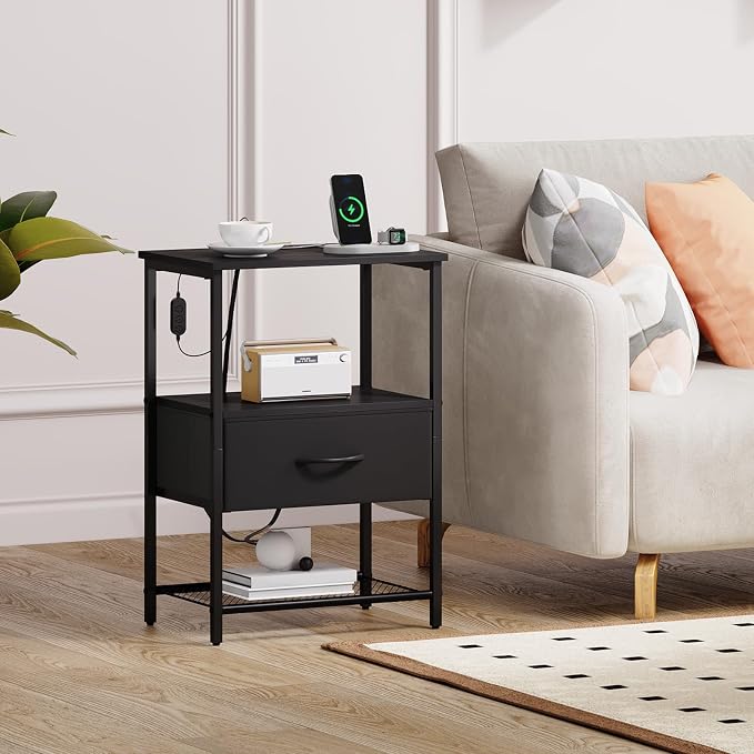 Somdot Nightstand with Charging Station & LED Light, Bedroom Bedside Table - Image 2