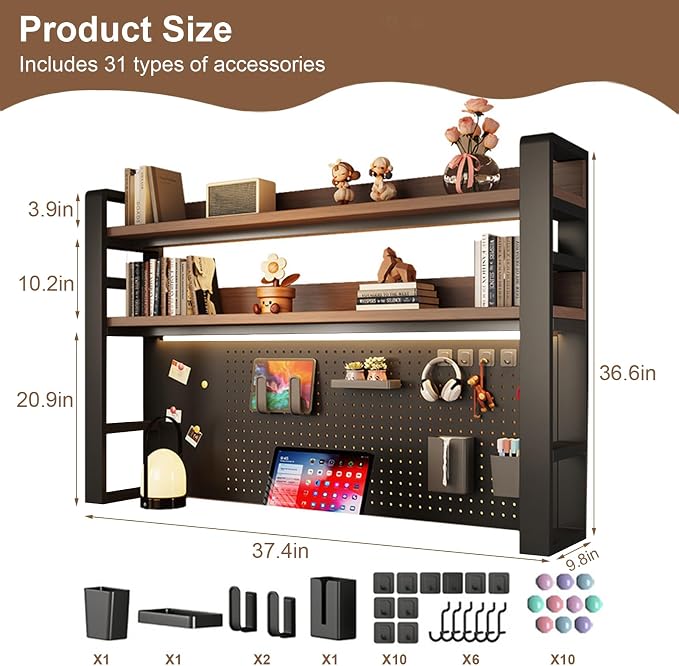 3 Tier Desktop Shelf with Pegboard, Heavy Duty Desk Organizer | Metal Desktop Storage Rack for Dorm Office Home, Compact Desk Shelf Bookshelf (Black, 37.4" Lx9.8 Wx36.6 H) ﻿ - Image 2