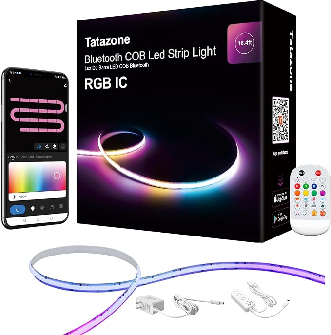 Tatazone 16.4ft Bluetooth RGB+IC COB Led Strip Light with App, Chasing COB Light Strip, Segmented Control, Music Sync, Color Changing Led Lights for Home Decor, Gaming, Cabinet, Desk by Tatazone