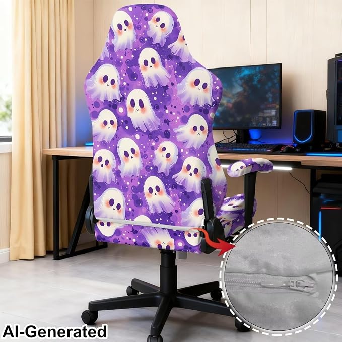 Cartoon Ghost Gaming Chair Covers with Armrest Set of 4 Computer Chair Slipcovers Halloween Rotating Computer Chairs Slipcovers for Holiday Home Club Office Decorations - Image 3