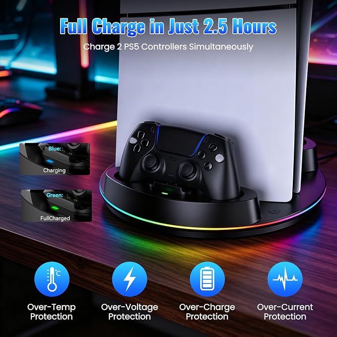 NEWDERY for PS5/Slim/Pro Console Stand with Controller Charger - Image 2