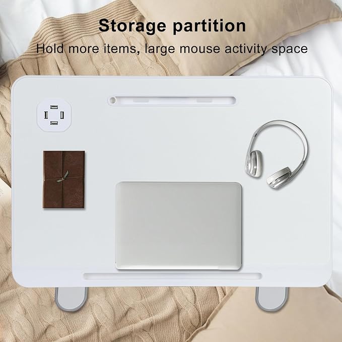 Laptop Bed Tray Table, Adjustable Laptop Compute Bed Desk Stand, Portable Laptop Desk with Foldable Legs, Foldable Laptop Tablet Table for Sofa Couch White - Image 4