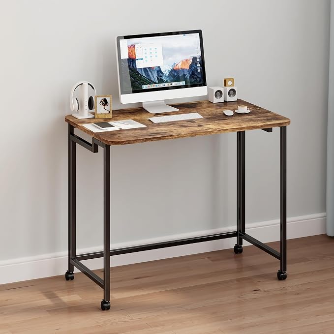 JSB Folding Desk for Small Spaces,Mobile Portable Rolling Laptop PC Table on Wheels,Foldable Computer Desk for Home Office,Bedroom,Dorm,Space Saving (Rustic & Brown, 31.5") - Image 6