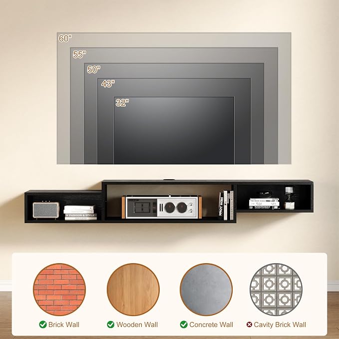 59 Inch Floating TV Stand with LED Light & Power Outlet, Black - Image 5