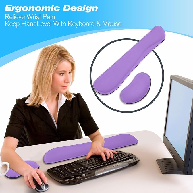 Keyboard Wrist Rest and Mouse Wrist Rest Set - Ergonomic Memory Foam Wrist Cushion - for Wrist Support on Computer, Laptop, Office, Playing Games, Typing Relieves Wrist Pain Purple - Image 2