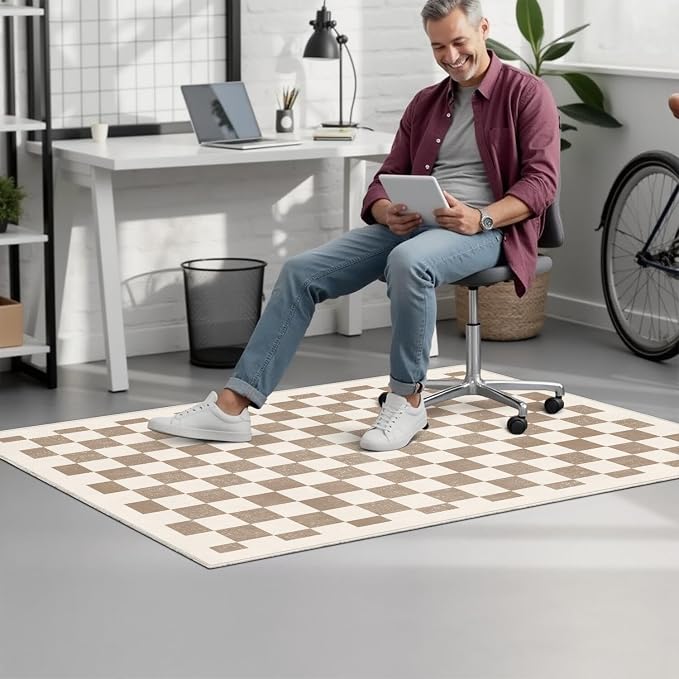 Office Chair Mat for Carpet Hardwood Tile Floor,36"x48" Computer Chair Mat for Rolling Chairs Carpet, Under Desk Non Slip Gaming Rug, Low-Pile Rubber Backing Large Protector Mat,Boho Brown Checkered - Image 2