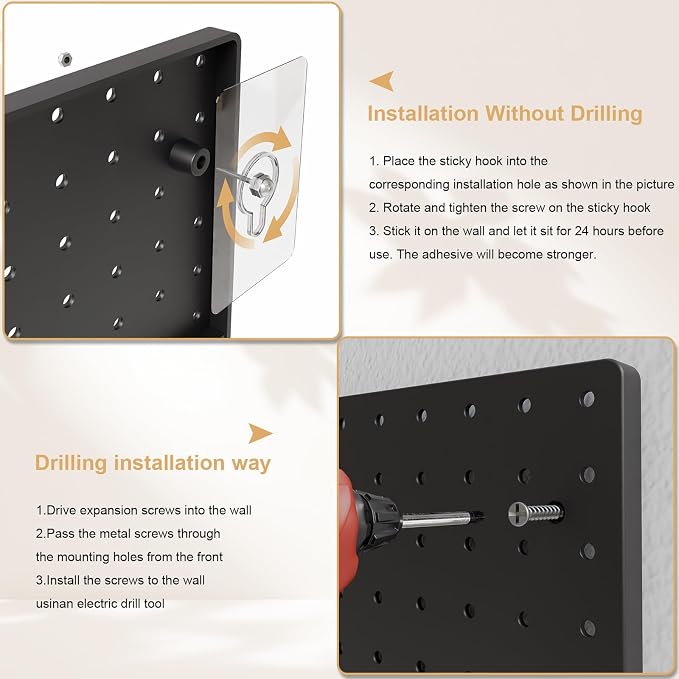 FZK Plastic Pegboard Wall Organizer Kit, 12x12, 4 Pack, Black | Durable ABS material, compatible with 1/4"and 1/8" pegboad accessories, includes adhesive or drill installation accessories - Image 5