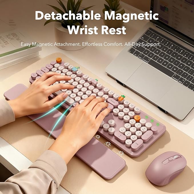 Wireless Keyboard and Mouse Combo, Full-Size Typewriter-Style Keyboard with Round Keycaps, Magnetic Wrist Rest, Tilt Legs, 2.4GHz Cordless for Mac, Windows PC, Laptop, SABLUTE CK23, Dusty Rose - Image 2