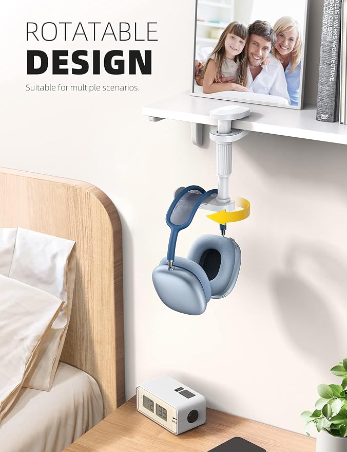 Lamicall Headphone Stand, Headset Holder - [2025 Upgarded] 360° Rotating Headphone Hanger, Earphone Holder Hook Mount Clamp Under Desk for Airpods Max, Sennheiser, More, White - Image 2