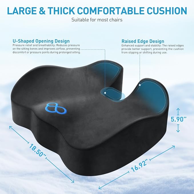 BlissTrends Extra Thick Seat Cushion for Office Chair & Car Seat, Grey | XX-Large Tailbone & Sciatica Relief, Ergonomic Support, High-Density Memory Foam, Comfort for Extended Sitting - Image 2
