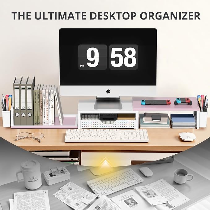 OPNICE Desk Organizers and Accessories, Dual Monitor Stand Riser with Drawer and 2 Pen Holders, Desk Shelf Computer Racks for Office Workspace Organizers, Desktop Organization (Pink-White) - Image 6