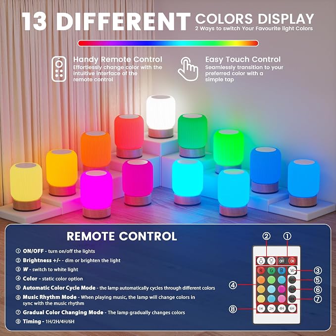 Night Light, Bedside Table Lamp with Touch & Remote Control, 13 RGB Colors 6-Level Dimmable, Rechargeable Cordless for Bedroom, Nursery, Gaming Room, Party - Image 2