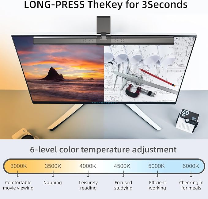Thunderobot L1 Computer Monitor Lamp, Ra95 Light for Eye Caring, Asymmetric Light Source, Ten-Level Dimming No Video Flicker Blue Light Safe E-Sports Desktop Reading Lamp - Image 3