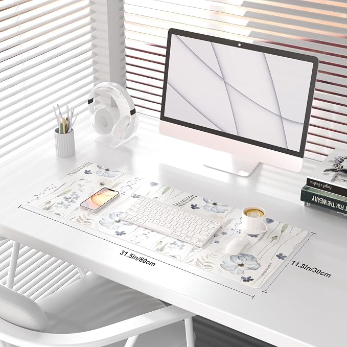 QiyI PU Leather Large Mouse Pad, 31.5" x 11.8", Watercolor Flowers | Desk Décor Accessories, Extended Size, Waterproof & Easy to Clean, Smooth Surface, Non Slip Desk Organization - Image 2