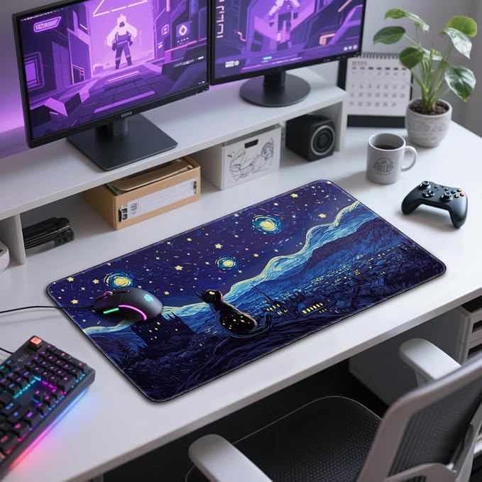 Starry Night Cat Large Gaming Mouse Pad Desk Mat 31.5"x15.7" | Extended Mousepad, Non-Slip Rubber Base , Stitched Edges, for Computer/Laptop/Office/Home - Image 7