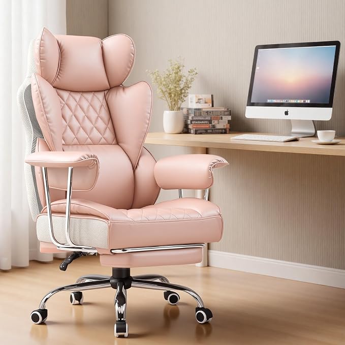 COMHOMA Big and Tall Office Chair, High Back Leather Gaming Chair with Footrest, Executive Ergonomic Office Chairs with Pocket Spring Lumbar Support and with Outward Fixed Soft Armrests - Image 2