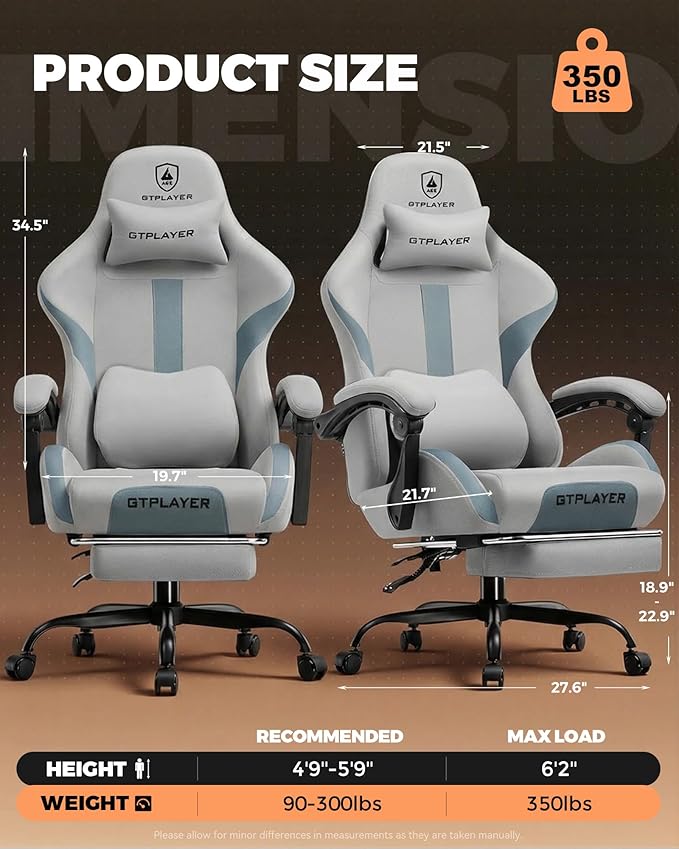 GTPLAYER Gaming Chair with Foot Rest & Pocket Spring Cushion, Ergonomic High Back Computer Desk Chair with Headrest & Lumbar Support for Back Pain Relief, Breathable Fabric, Mist-Blue - Image 2