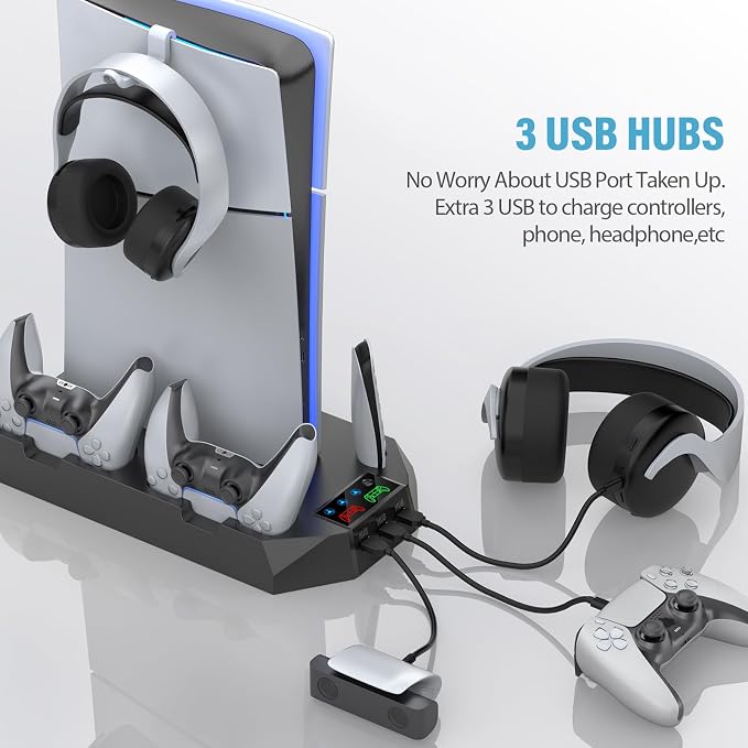PS5 Slim Stand and Cooling Station with Controller Charging Station for Playsation 5 Slim&Standard Disc/Digital Console, PS5 Accessories Incl. Charger/Turbo Fan/3 USB Hub/Headset Holder - Black - Image 4