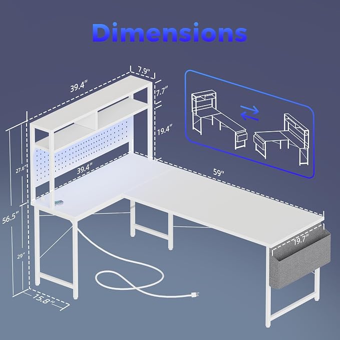 Mericonia 59 inch L Shaped Desk with Pegboard, Large Corner Gaming Desk | Reversible Computer Desk with Hutch, Power Outlets, LED Light & Storage Bag, Office Table for Home Bedroom Study Work Writing - Image 2