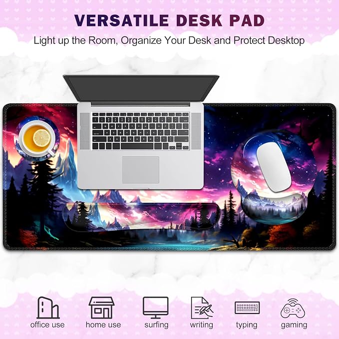 Gaming Mouse Pad, Large Desk Mat, Cute Desk Pad Protector, 4in1 XXL Mousepad + Keyboard Wrist Rest+Mouse Wrist Rest+Coaster Set with Ergonomic Desk Pad for Home Office Table Computer, Purple Hill - Image 7