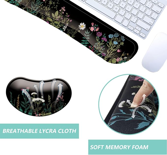 Keyboard Wrist Rest Mouse Wrist Support Set, Memory Foam Wrist Rest Pad for Computer Laptop Keyboard Mouse, Ergonomic Wrist Cushion Support for Typing Pain Relief, Gaming Home Office, Flowers Grass - Image 3