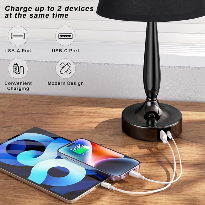 Kakanuo Touch Bedside Lamp for Bedroom with USB C Port, Small Touch Table Lamp with 2 USB Charging Ports, 3 Way Dimmable Nightstand Lamp for Living Room and Office - Black (LED Bulb Included) - Image 4