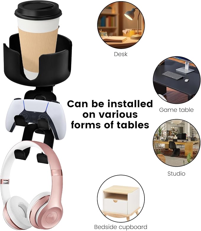 4 in 1 Desk Cup Holder with Headphone Hanger and Controller Stand Gaming Accessories, Under Desk Clamp Rotatable Headset Holder,Adjustable&Rotating Upgraded Arm Clamp,Desk Controller Holder (Black) - Image 5
